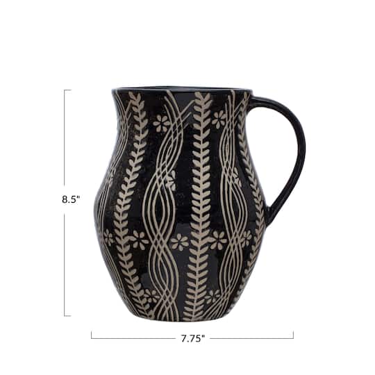 Hello Honey® 8.5" Black & Natural Stoneware Pitcher with Wax Relief Botanicals